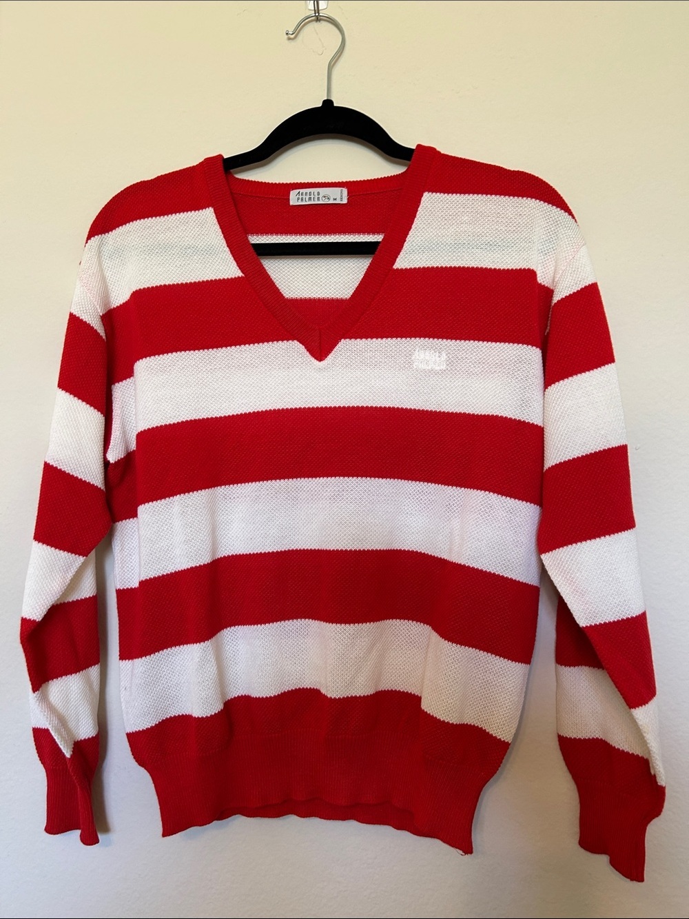 Vintage Arnold Palmer Red and White Striped V-Neck Sweater